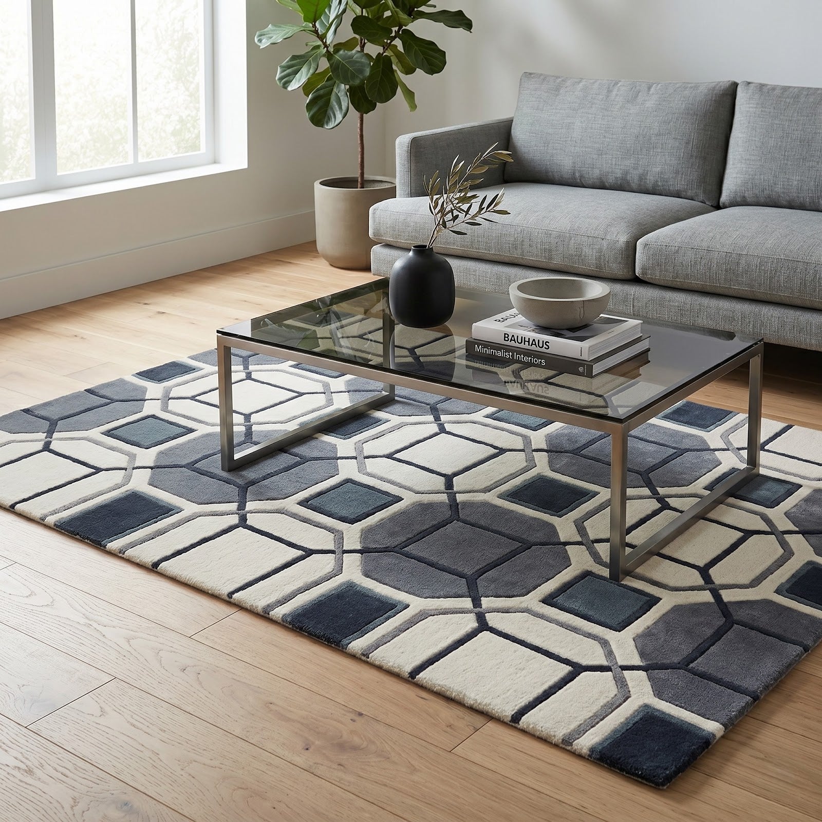 Geometric Lattice Hand Tufted Wool Rug | Blue, Grey & Ivory Contemporary Area Rug — 2x3 ft'