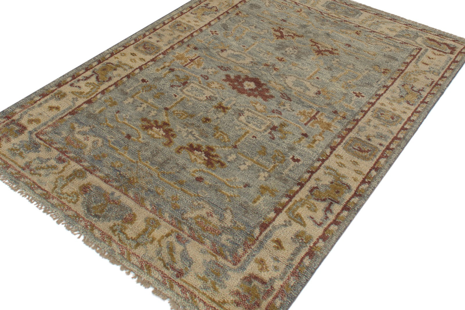 Vintage Oushak Hand Knotted New Zealand Wool Rug | Sky Blue & Ivory Floral Area Rug — 2x3 ft'