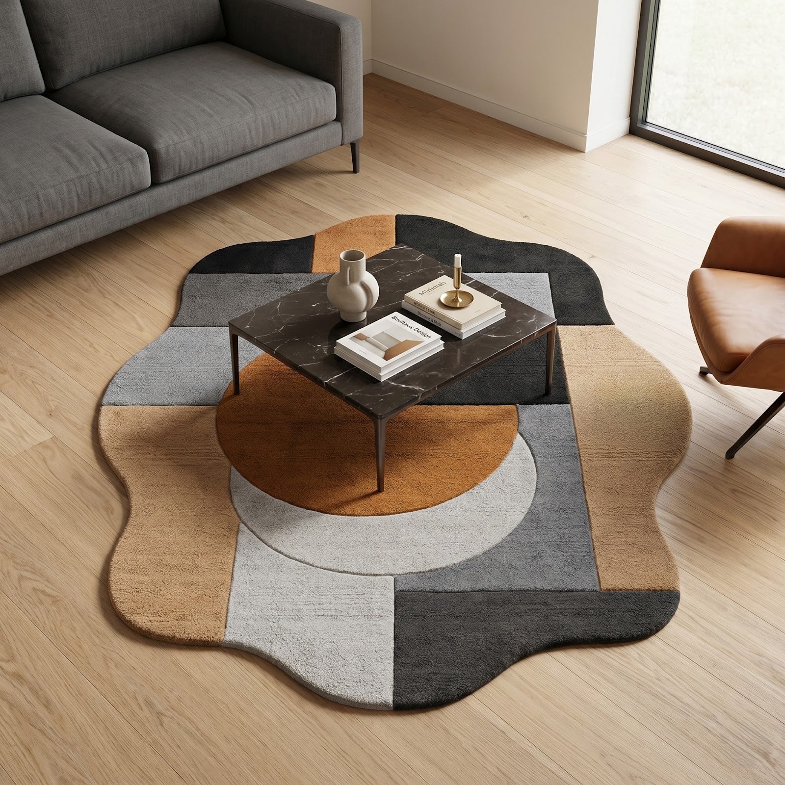 Irregular Geometric Hand Tufted Wool Rug | Modern Abstract Area Rug in Camel, Black, Grey & Ivory — 2x3 ft'