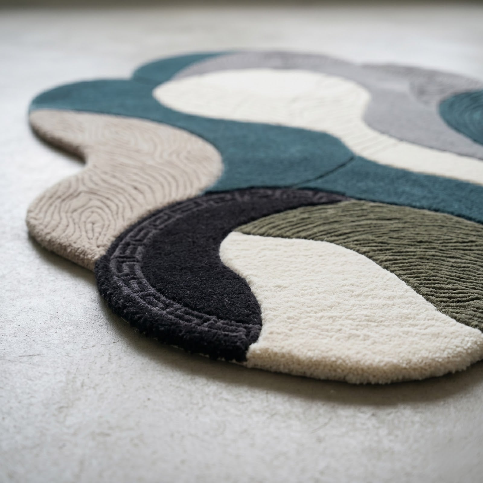 Irregular Abstract Hand Tufted Wool Rug | Organic Sculptural Area Rug in Teal, Grey & Ivory — 2x3 ft'