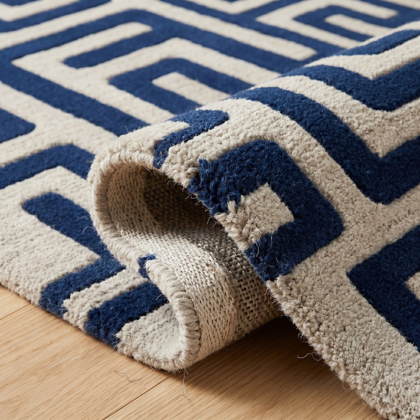Maze Pattern Hand Tufted Wool Rug | Cobalt Blue & Ivory Geometric Labyrinth Area Rug — 2x3 ft'