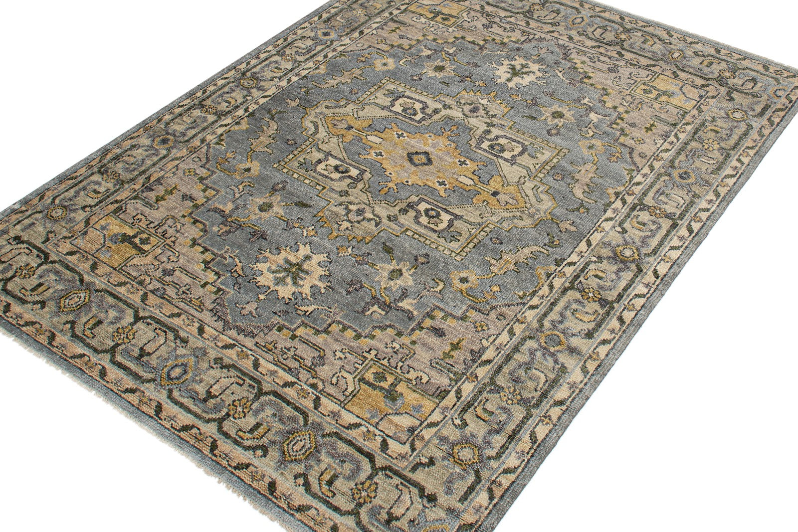 Vintage Oushak Hand Knotted New Zealand Wool Rug | Blue & Ivory Traditional Medallion Area Rug — 2x3 ft'