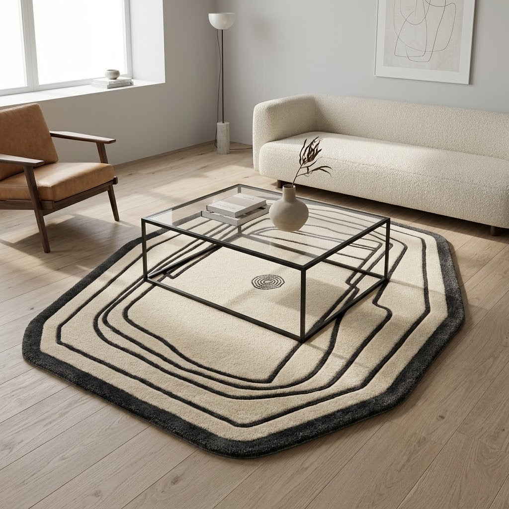Minimalist Abstract Hand Tufted Wool Rug | Black Ivory Irregular Area Rug — 2x3 ft'