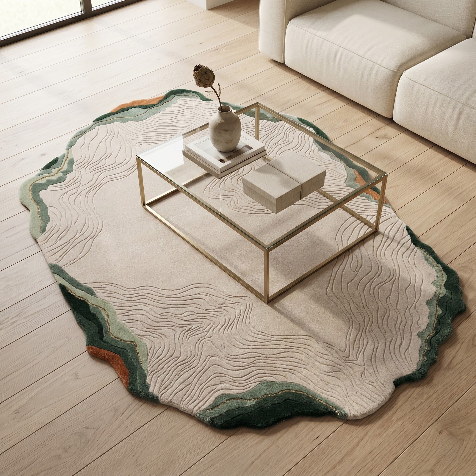 Organic Contour Hand Tufted Wool Rug | Irregular Topographic Area Rug in Ivory Green & Terracotta — 2x3 ft'