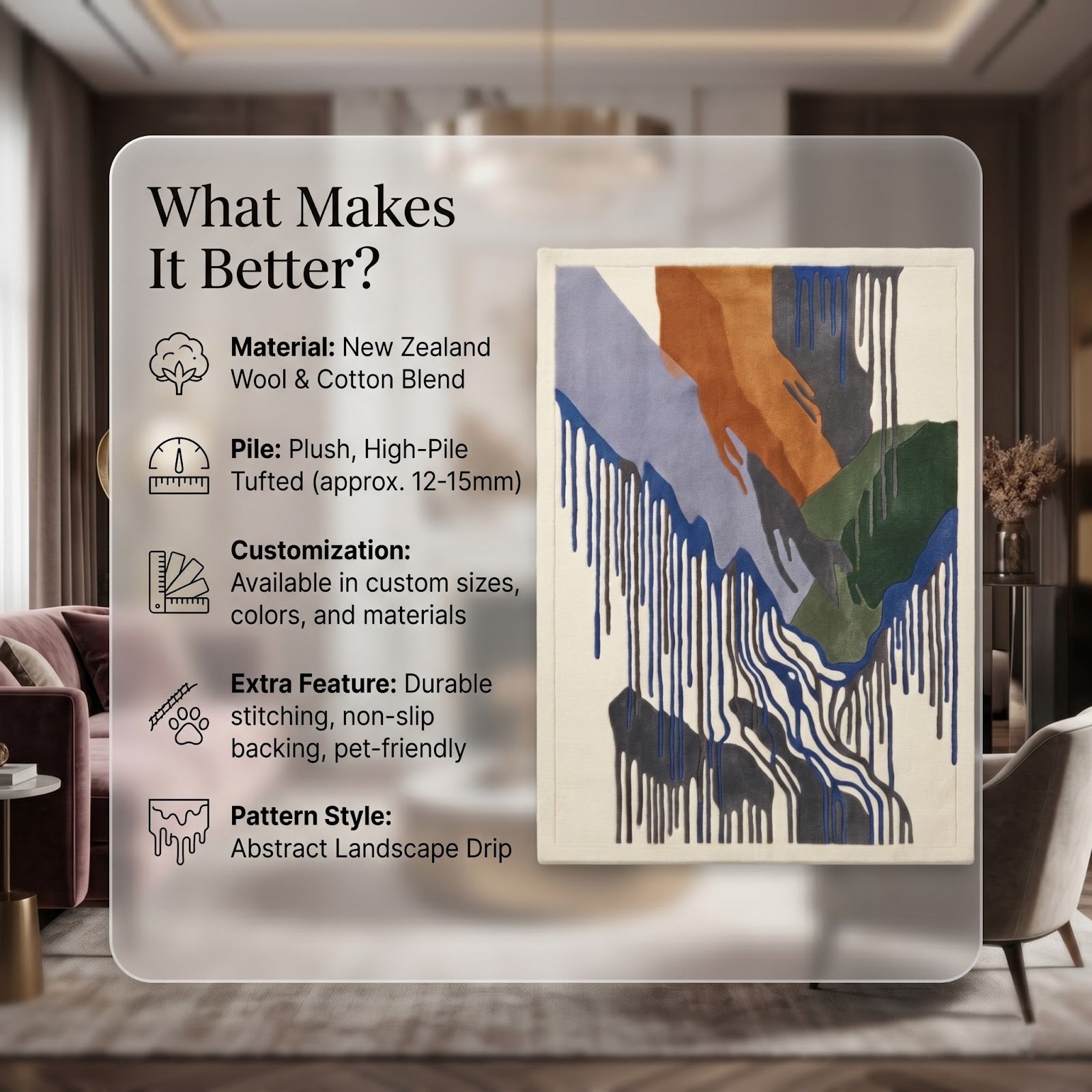 Abstract Mountain Landscape Hand Tufted Wool Rug | Modern Waterfall Art Area Rug in Blue, Green & Rust — 2x3 ft'