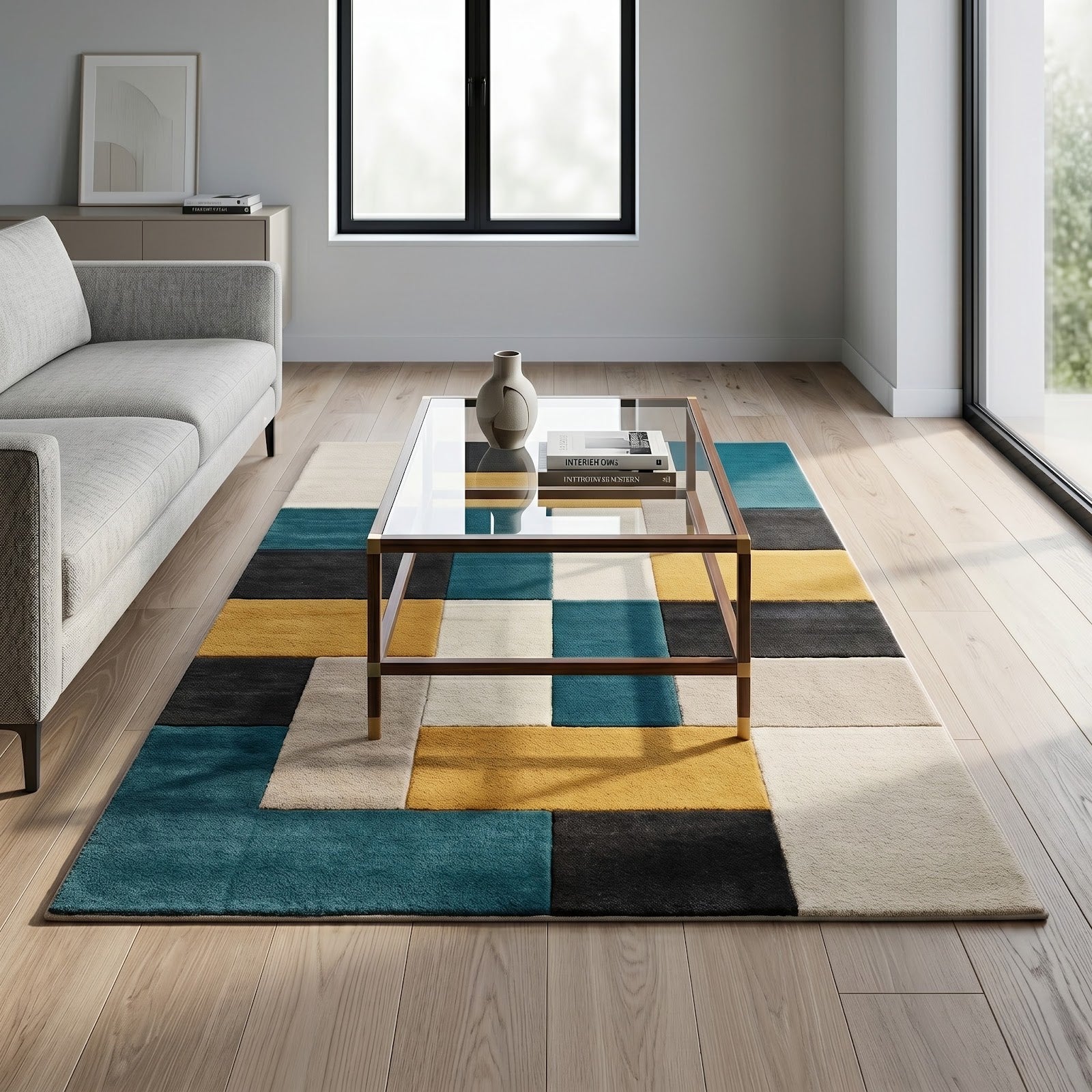 Modern Geometric Hand Tufted Wool Rug | Teal Mustard Abstract Area Rug — 2x3 ft'