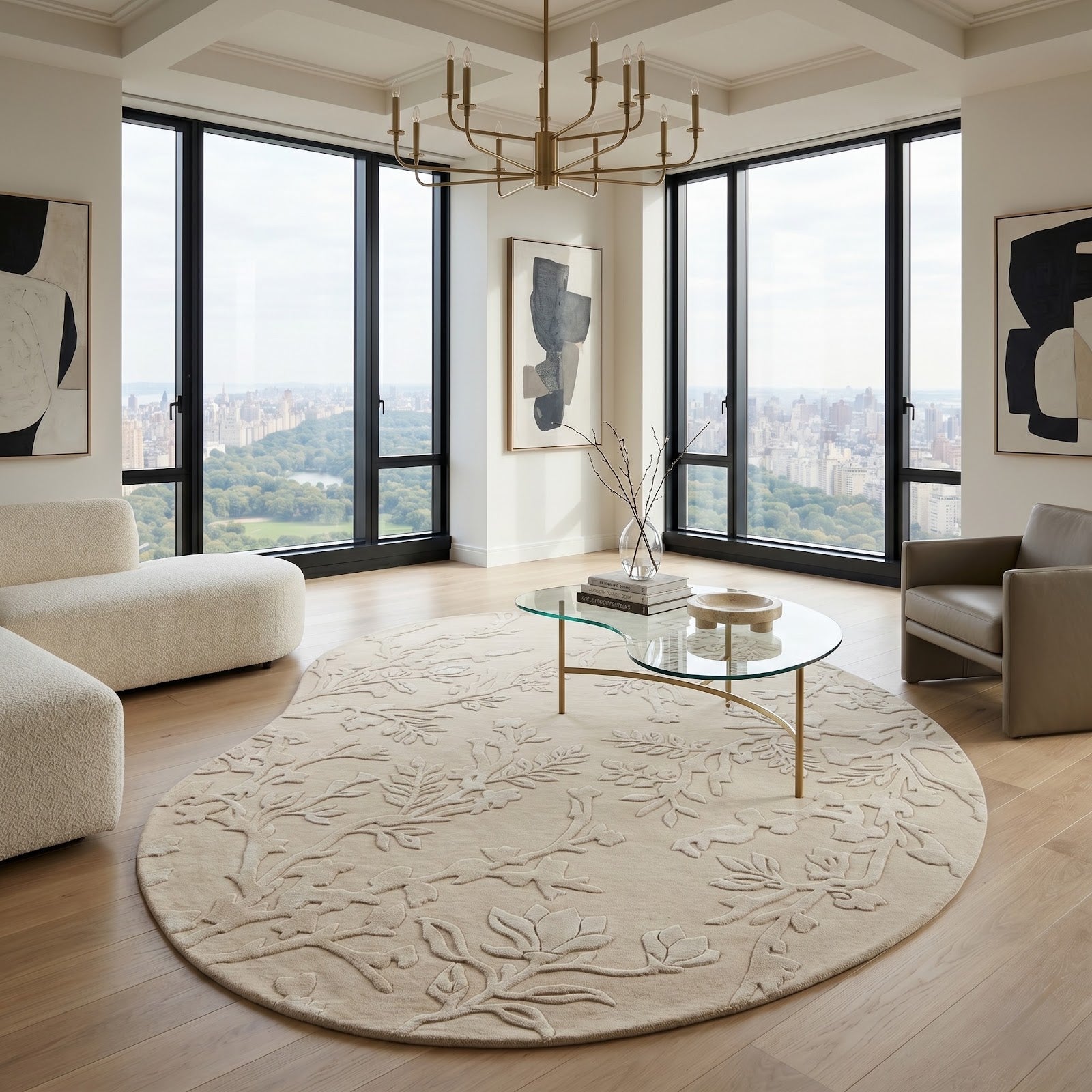 Oval Botanical Hand Tufted Wool Rug | Ivory Floral Vine Area Rug with Carved Texture — 2x3 ft'