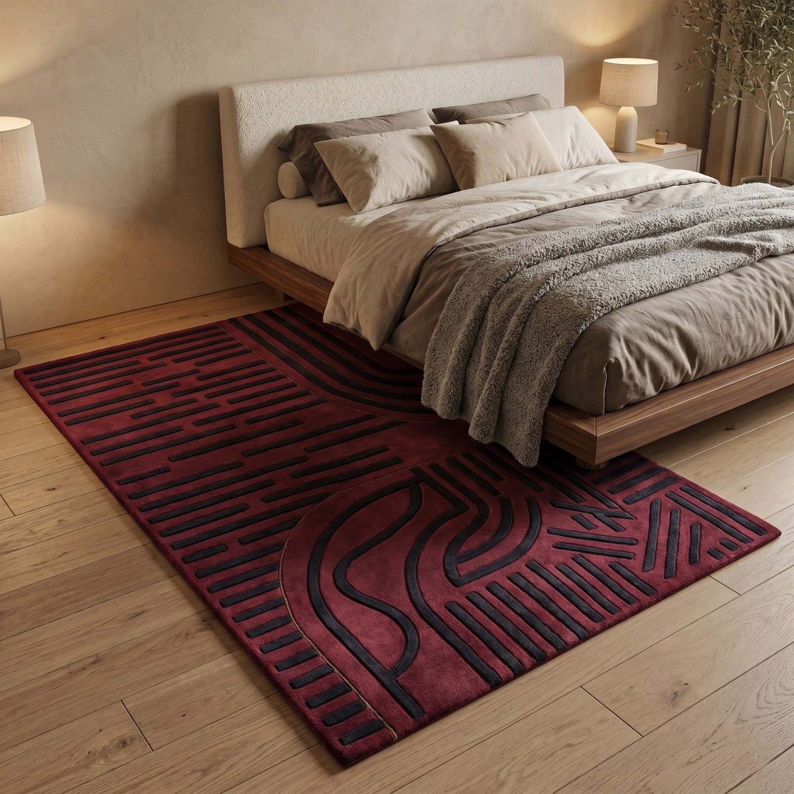 Burgundy Geometric Hand Tufted Wool Rug | Modern Art Deco Area Rug in Wine Red & Navy Blue — 2x3 ft'