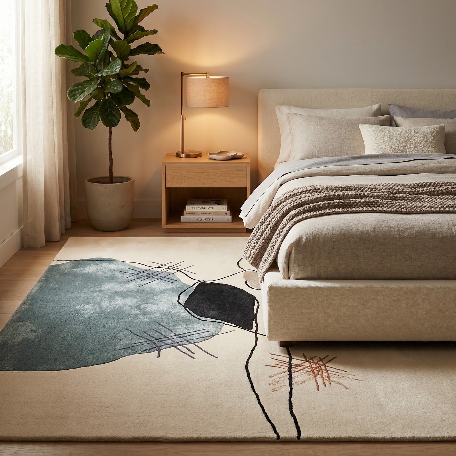 Gestural Abstract Wool & Viscose Rug | Ivory, Mist Blue & Charcoal Contemporary Art Area Rug — 2x3 ft'