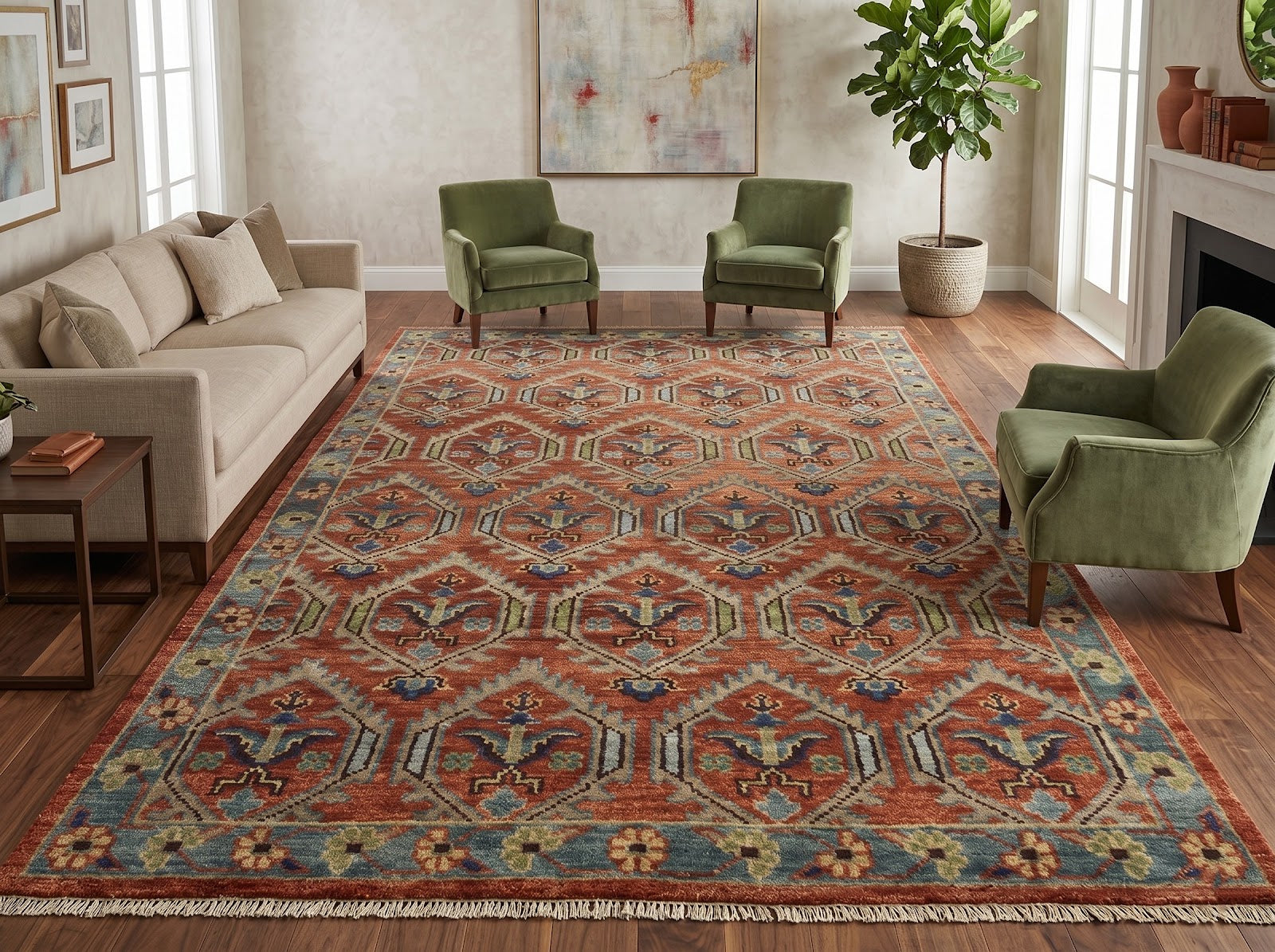 Tribal Geometric Hand Knotted New Zealand Wool Rug | Rust & Blue Diamond Pattern Area Rug — 2x3 ft'