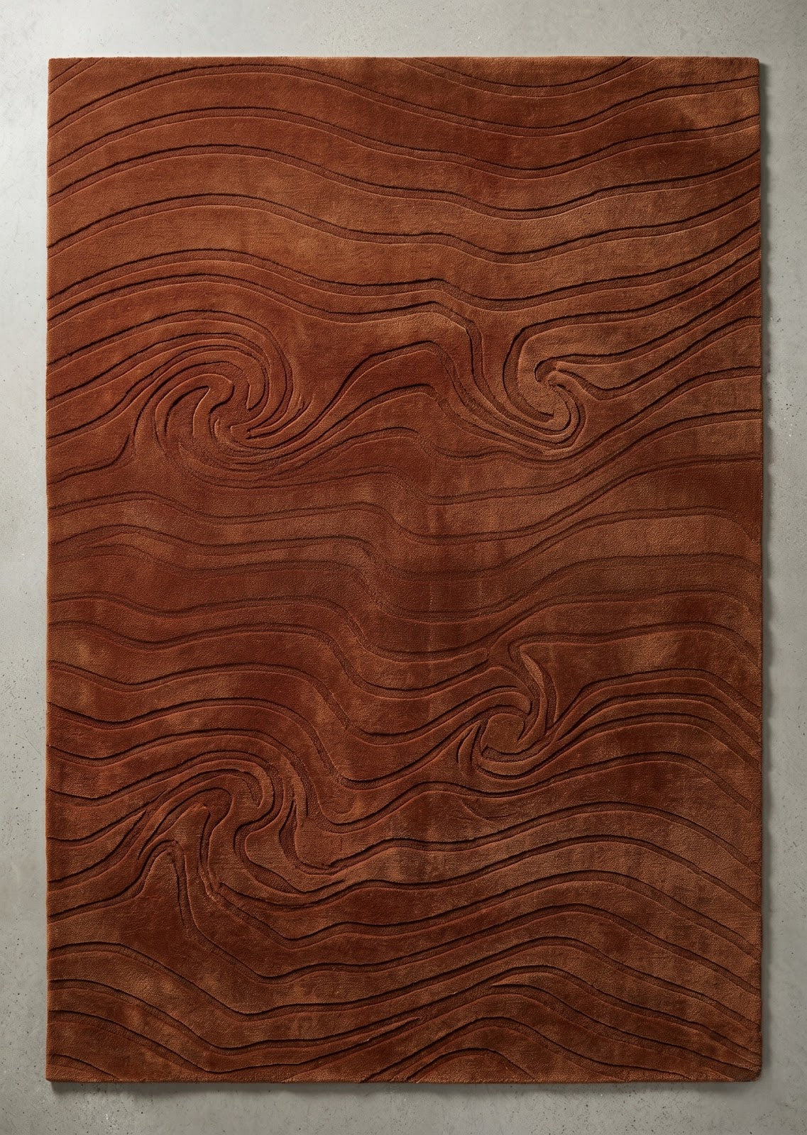 Organic Woodgrain Wave Hand Tufted Wool Rug | Terracotta Brown Sculpted Abstract Area Rug — 2x3 ft'