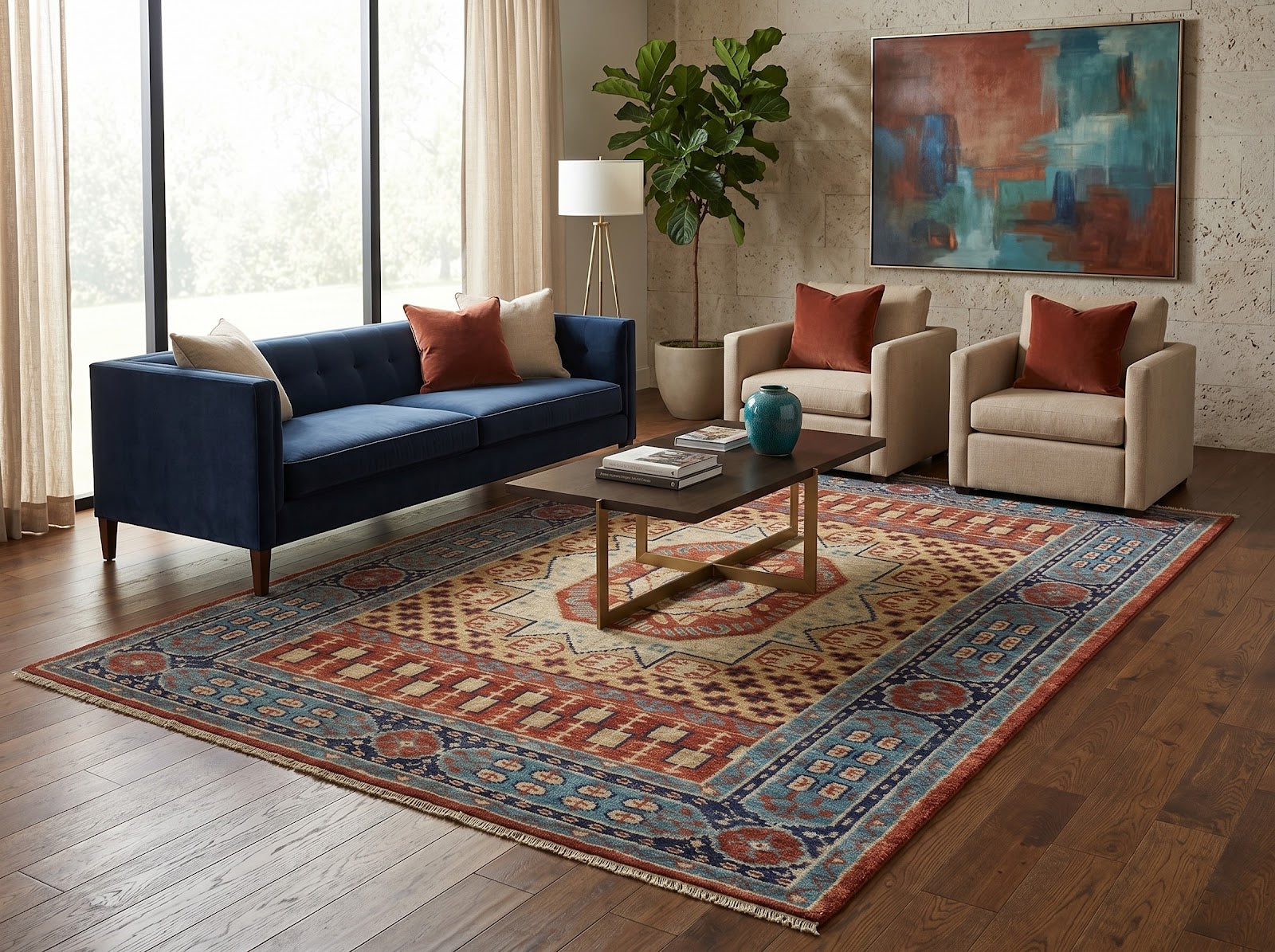 Traditional Kazak Hand Knotted New Zealand Wool Rug | Blue & Rust Geometric Medallion Area Rug — 2x3 ft'