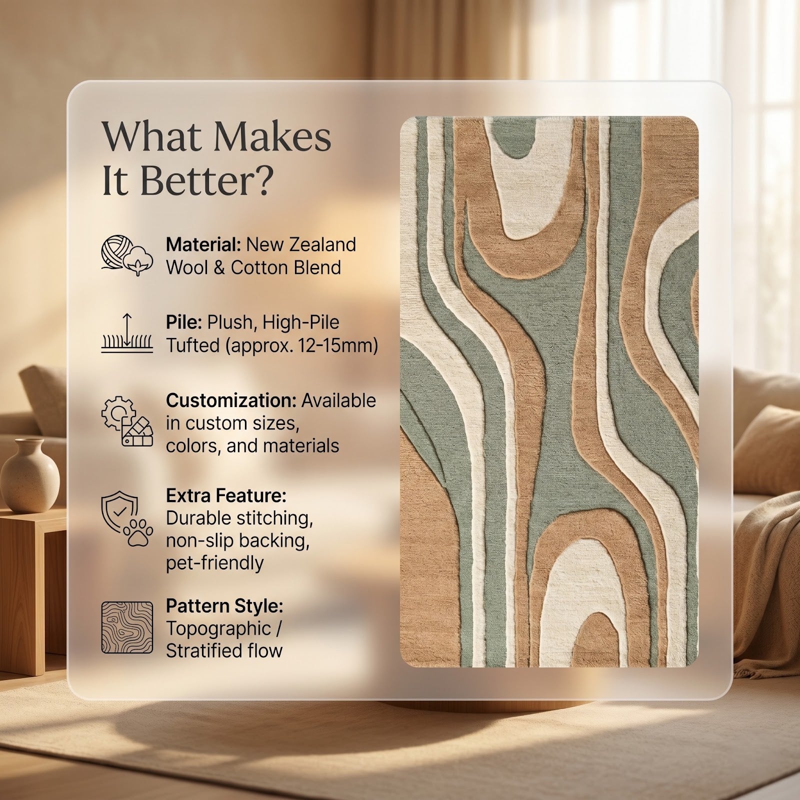 Organic Wave Hand Tufted Wool Rug | Sage Green, Beige & Ivory Abstract Contemporary Area Rug — 2x3 ft'