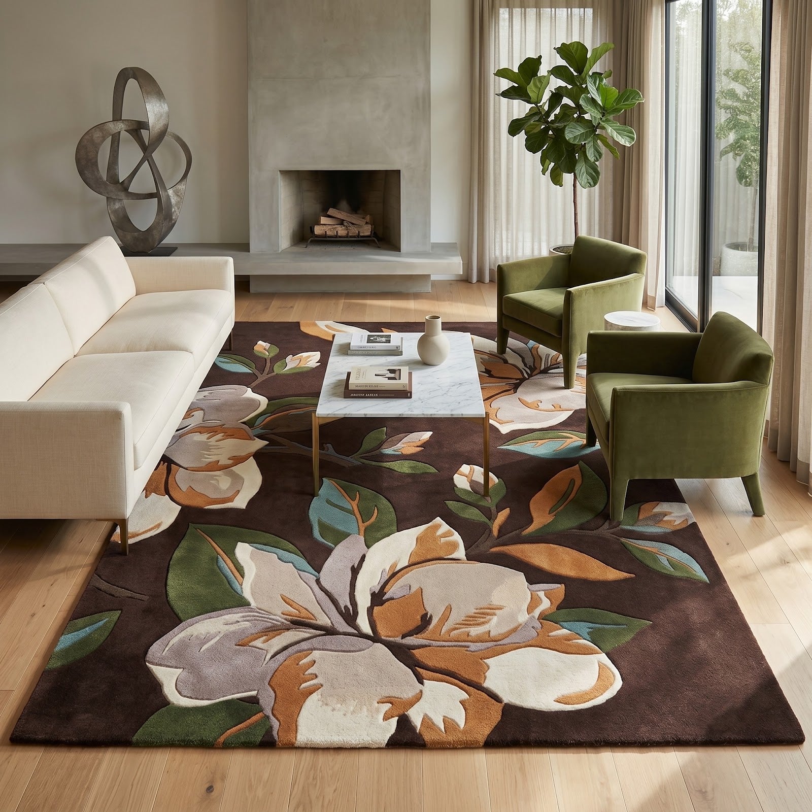 Magnolia Blossom Hand Tufted Wool Rug | Chocolate Brown Floral Botanical Area Rug — 2x3 ft'