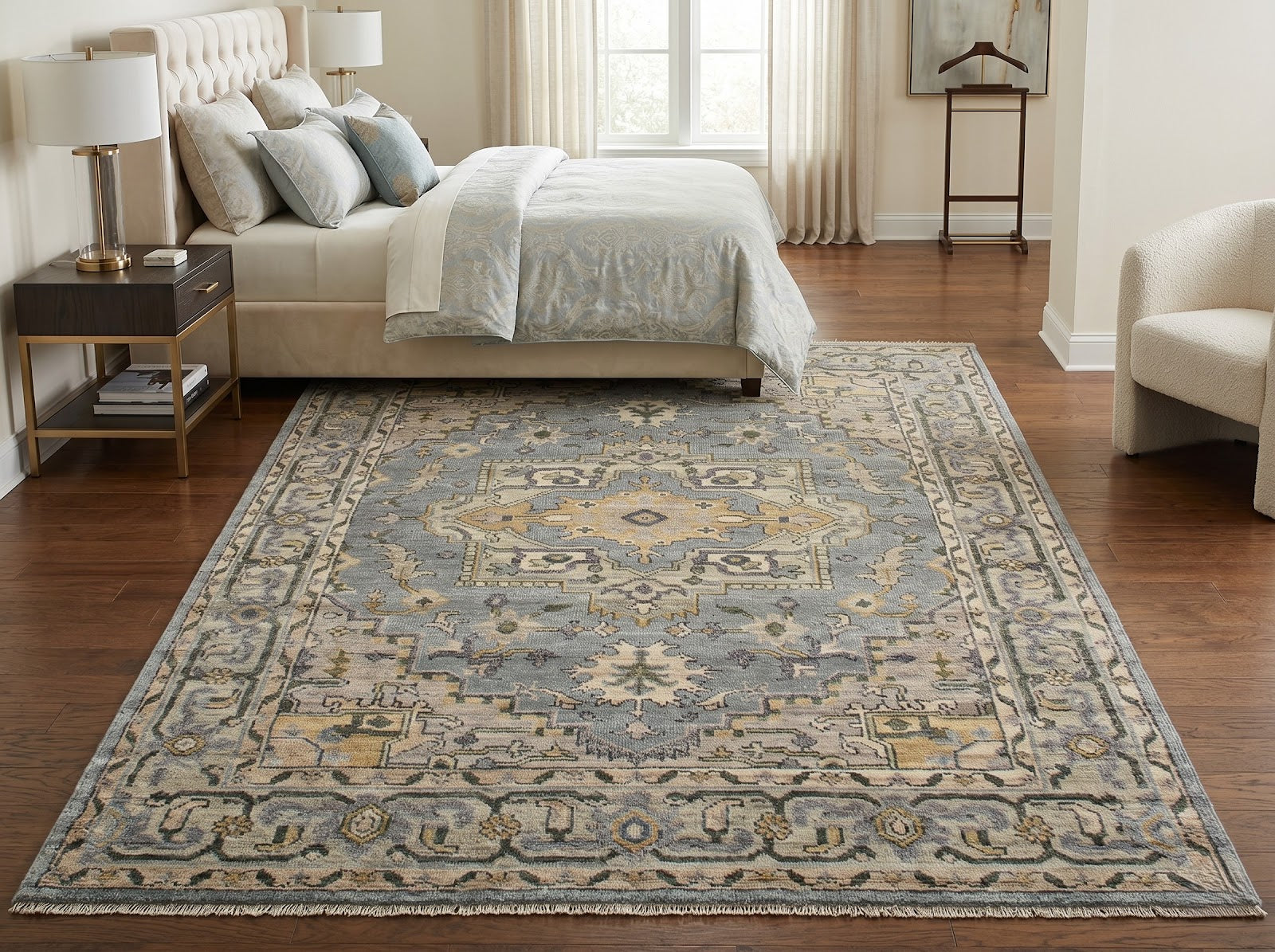 Vintage Oushak Hand Knotted New Zealand Wool Rug | Blue & Ivory Traditional Medallion Area Rug — 2x3 ft'