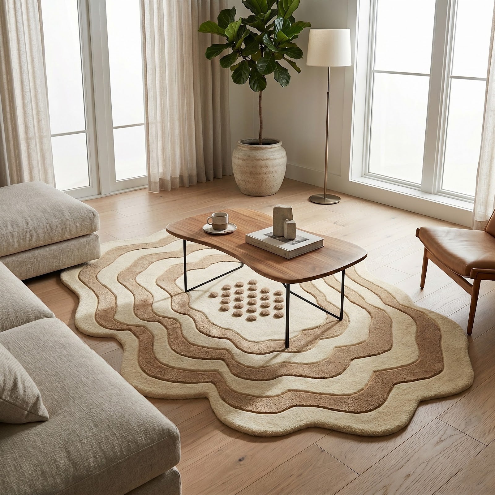 Organic Pebble Hand Tufted Wool Rug | Irregular Layered Abstract Area Rug in Ivory & Beige — 2x3 ft'