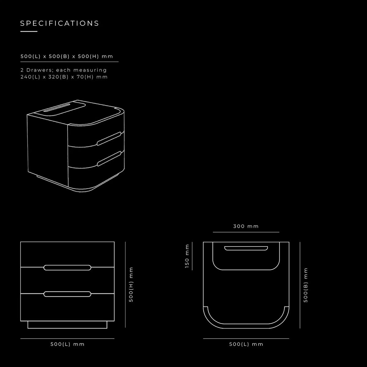 Flow End Table by BEC Furniture — dimensioned specification drawing