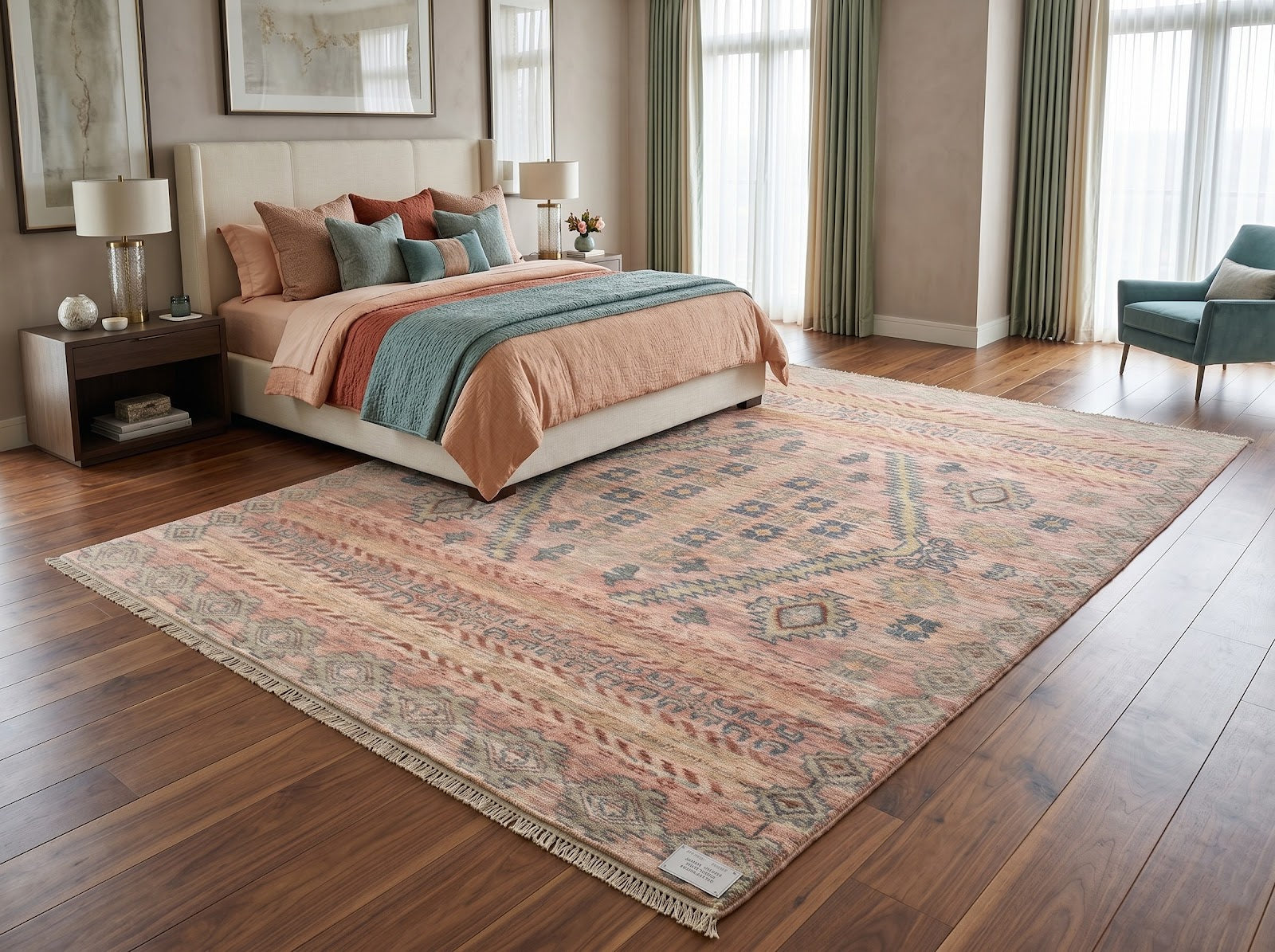Vintage Tribal Hand Knotted New Zealand Wool Rug | Blush Pink & Sage Green Geometric Area Rug — 2x3 ft'