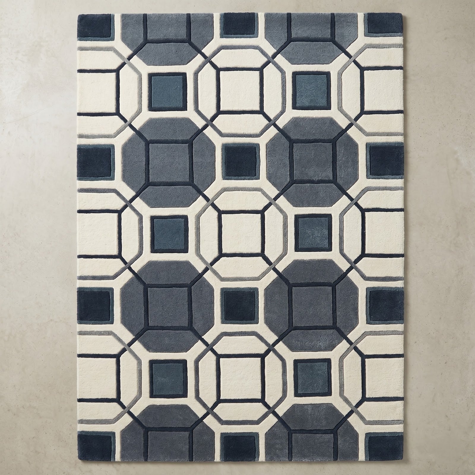 Geometric Lattice Hand Tufted Wool Rug | Blue, Grey & Ivory Contemporary Area Rug — 2x3 ft'