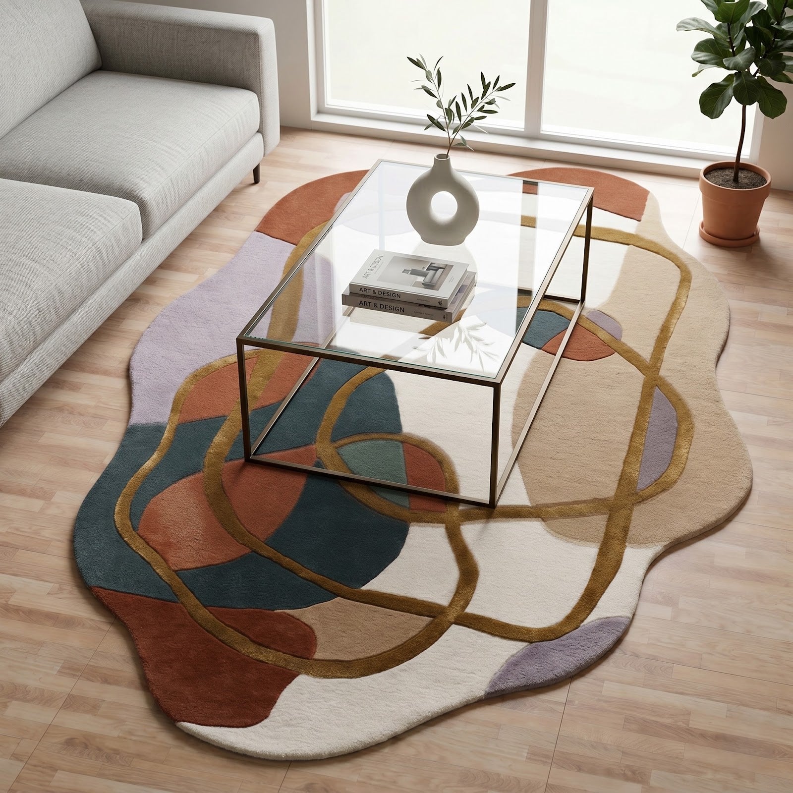 Irregular Abstract Hand Tufted Wool Rug | Modern Organic Shape Area Rug with Gold Line Art — 2x3 ft'