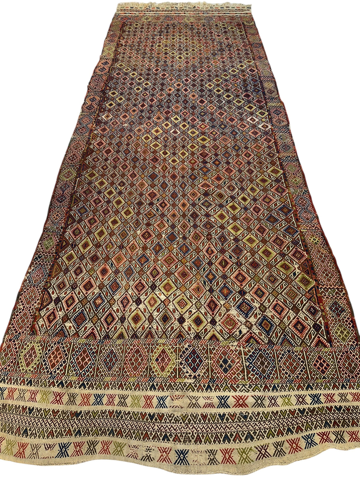 Antique Turkish Kilim Runner 5x14 | Red, Navy & Ivory | Hand-Woven Wool Flatweave - Rugistan, view 2
