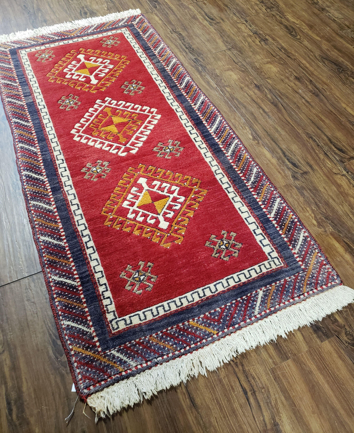 Vintage Turkish Kazak Rug 2.5 x 5 Red Wool Carpet Medallions Runner Geometric - Jewel Rugs, view 3