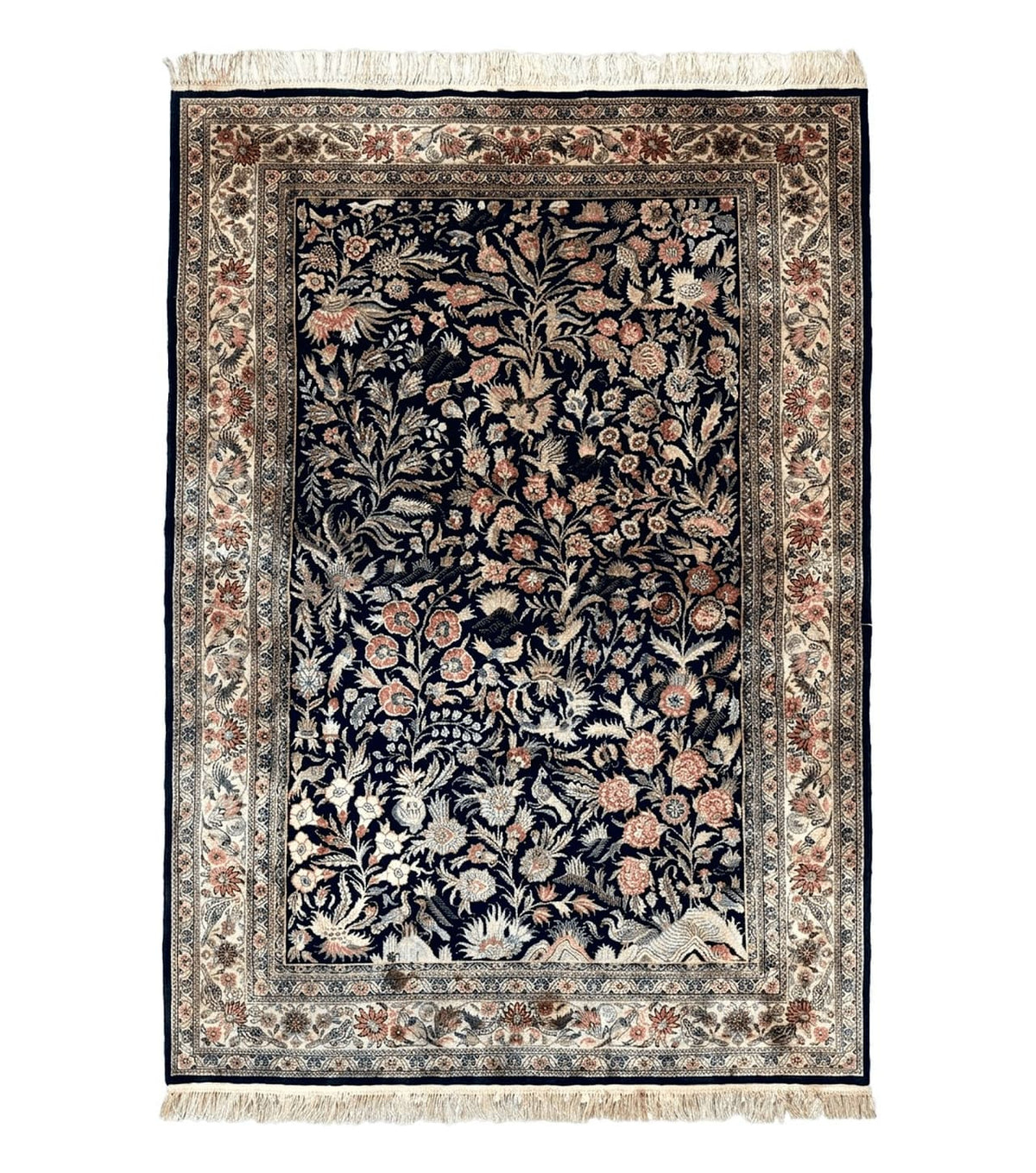 Silk Rug 4x6, Black and Cream, Floral & Bird Pictorials, Fine 330 KPSI, Sino Persian Rug - Jewel Rugs