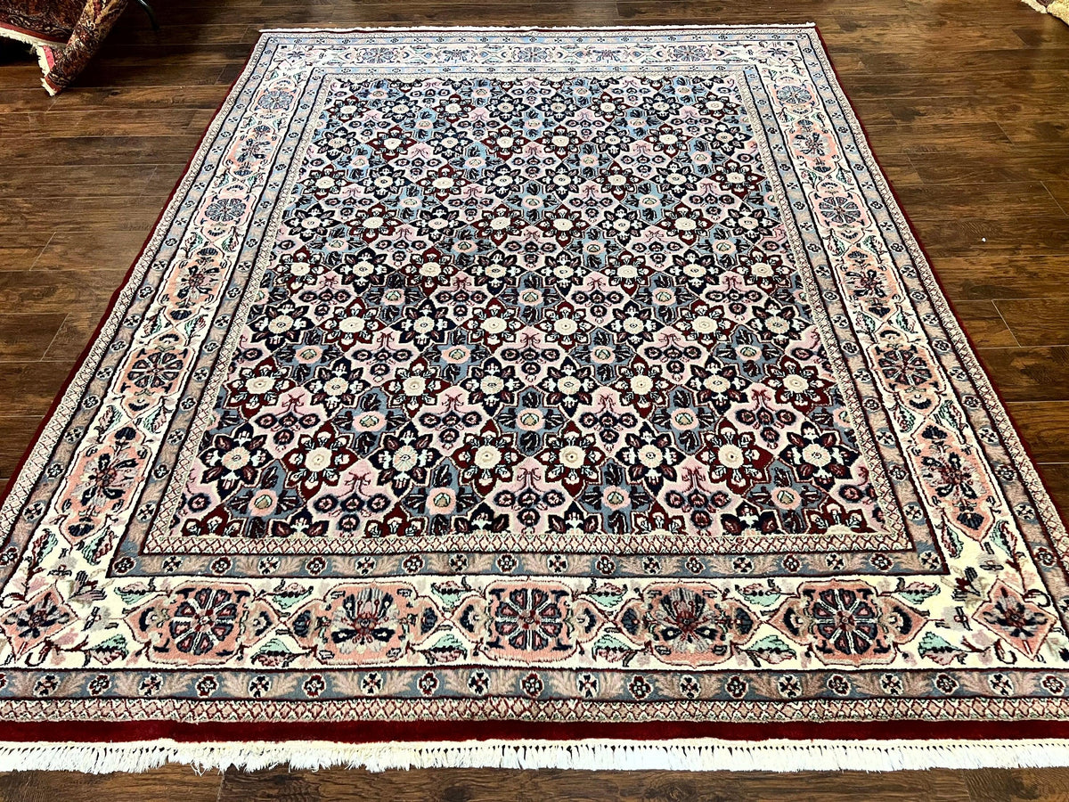Indo Persian Rug 8x10, Repeated Allover Pattern, Navy Blue Ivory, Handmade Vintage Wool Carpet - Jewel Rugs, view 13