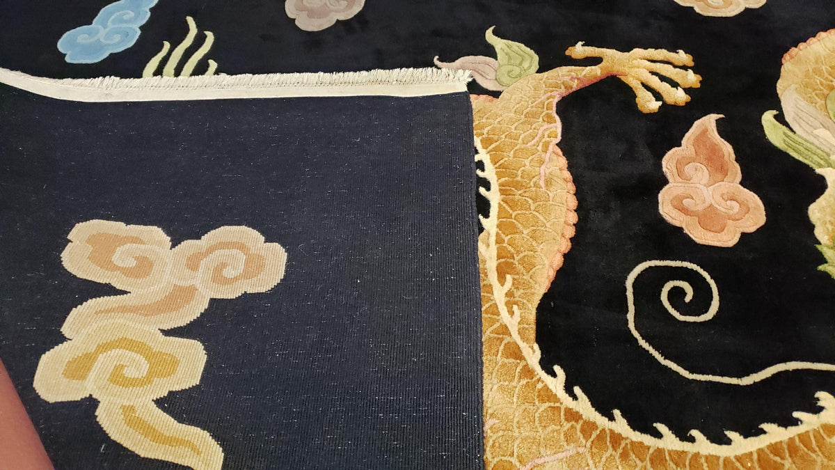Rare Antique Chinese Art Deco Rug 6x9 with Dragon, Black Chinese Carpet 6 x 9, Hand Knotted Wool Area Rug - Jewel Rugs, view 10