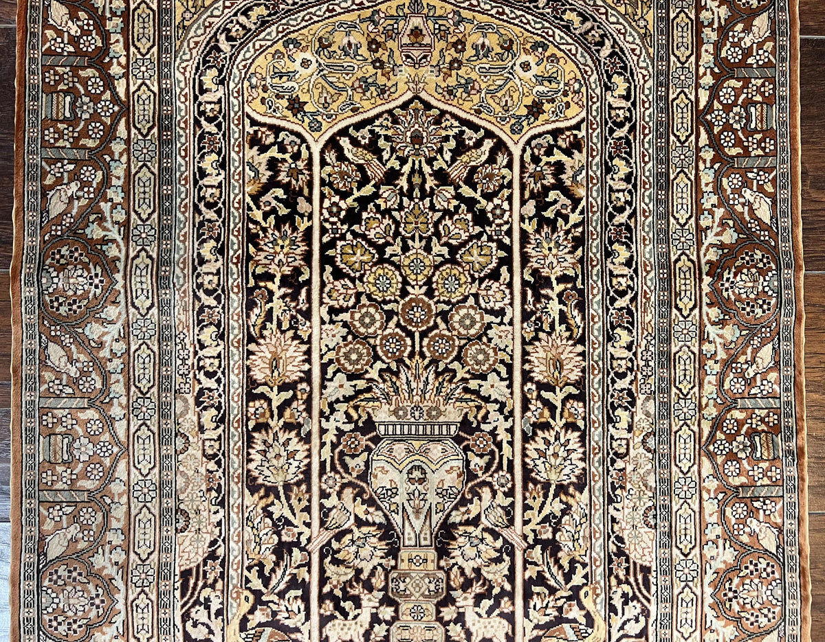 Turkish Silk Hereke Rug 2x3, Floral Vase Tree of Life Birds, Silk Pile on Silk Foundation, Vintage Oriental Carpet, Very Fine, Signature - Jewel Rugs, view 4