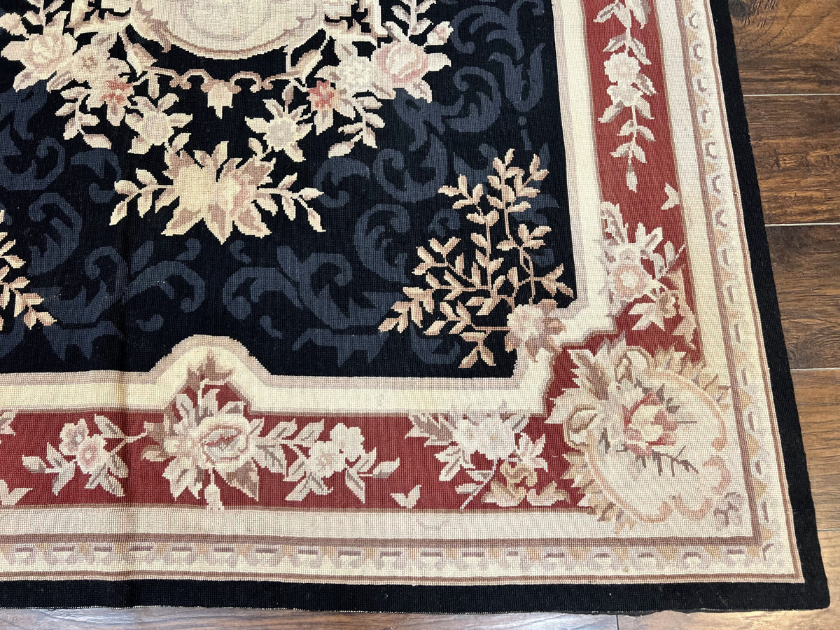 Needlepoint Rug 5x8, Wool Handmade Vintage European Design Carpet, Black & Maroon, French Aubusson Pattern Flatweave Rug - Jewel Rugs, view 10