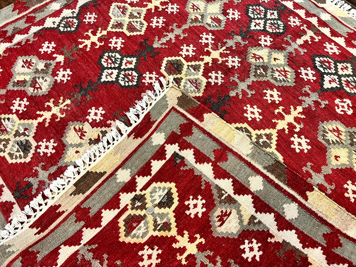Indian Kilim Rug 6x6, Square Kilim Flatweave Carpet, Vintage Handmade Wool Rug, Red - Jewel Rugs, view 11