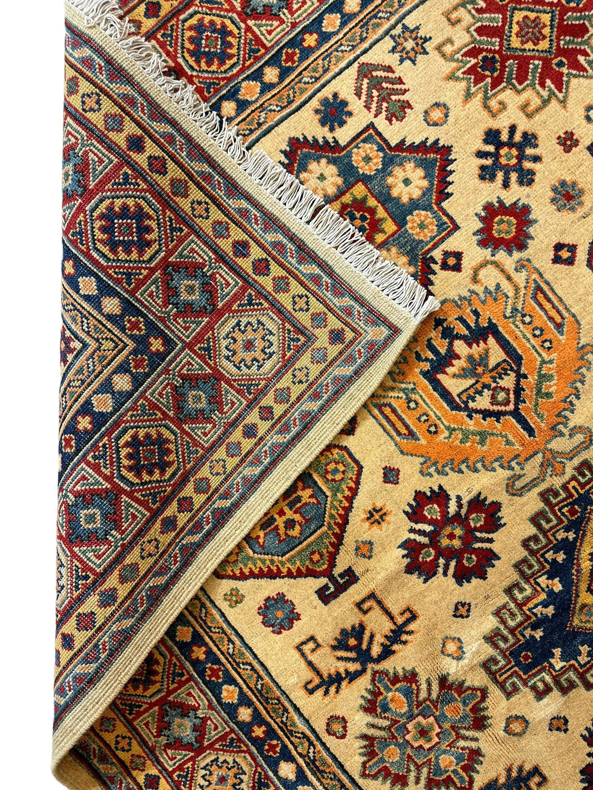 Afghan Kazak Medallion Rug 5x7 | Ivory, Red, Navy & Light Blue | Hand-Knotted Wool - Rugistan, view 5