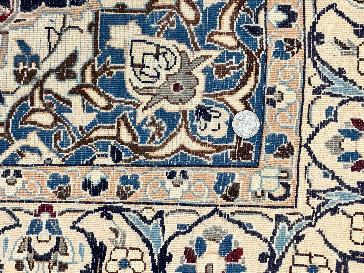 Persian Nain Rug 4x6, Floral, Hand Knotted Vintage Wool & Silk Highlights, Signature from Masterweaver, Navy Blue and Ivory - Jewel Rugs, view 11