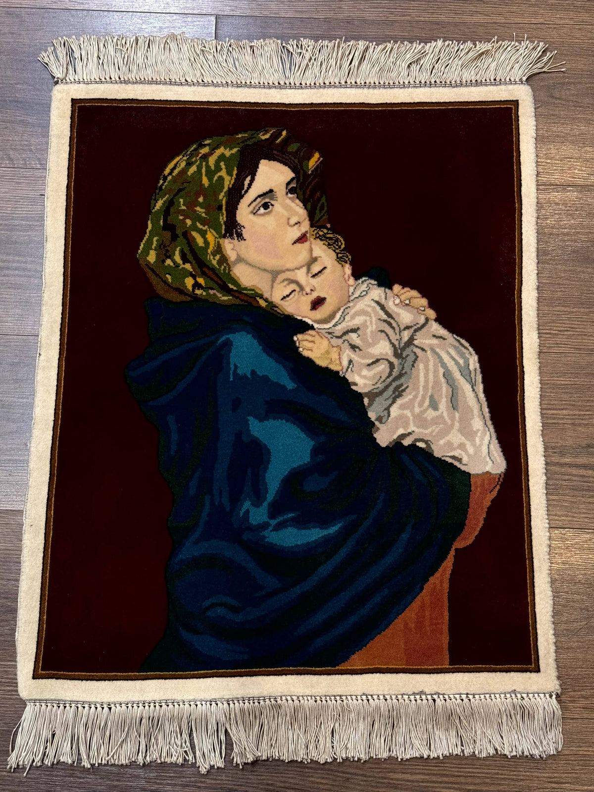 Small Persian Tabriz Pictorial Rug 2x2, Mother Holding Child, Very Fine 340 KPSI, Maroon - Jewel Rugs, view 2
