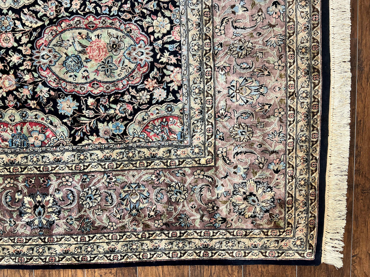 Sino Persian Rug 9x12, Navy Blue and Pink Hand Knotted Wool and Silk Highlights Vintage Oriental Carpet, Handmade Floral Area Rug 9 x 12 ft - Jewel Rugs, view 9
