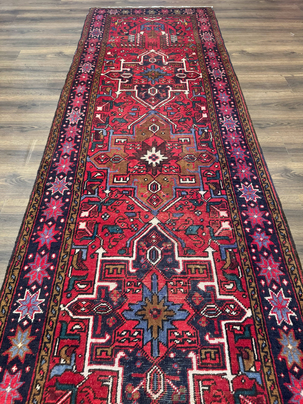 Persian Heriz Karajeh Runner Rug 3.7 x 12, Geometric Medallions, Red and Navy Blue - Jewel Rugs, view 9