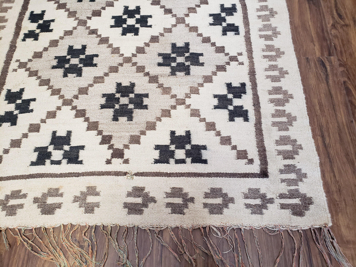 Semi Antique South American Blanket 4x8, Wool Hand-Woven Flatweave Kilim Rug, Handmade Antique Vintage Runner, Ivory & Blue, Diamond Panel - Jewel Rugs, view 10