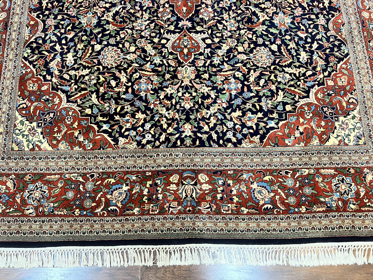 Indo Persian Rug 8x10, Floral Medallion, Vintage Handmade Wool Carpet, Navy Blue and Red, Fine 300 KPSI - Jewel Rugs, view 6