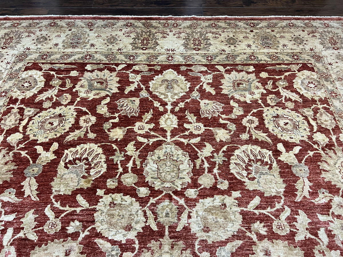 Pak Persian Rug 10x14, Sultanabad Mahal Peshawar Chobi Carpet, Large Vintage Wool Oriental Rug, Maroon & Beige, Floral Allover, Handmade - Jewel Rugs, view 4