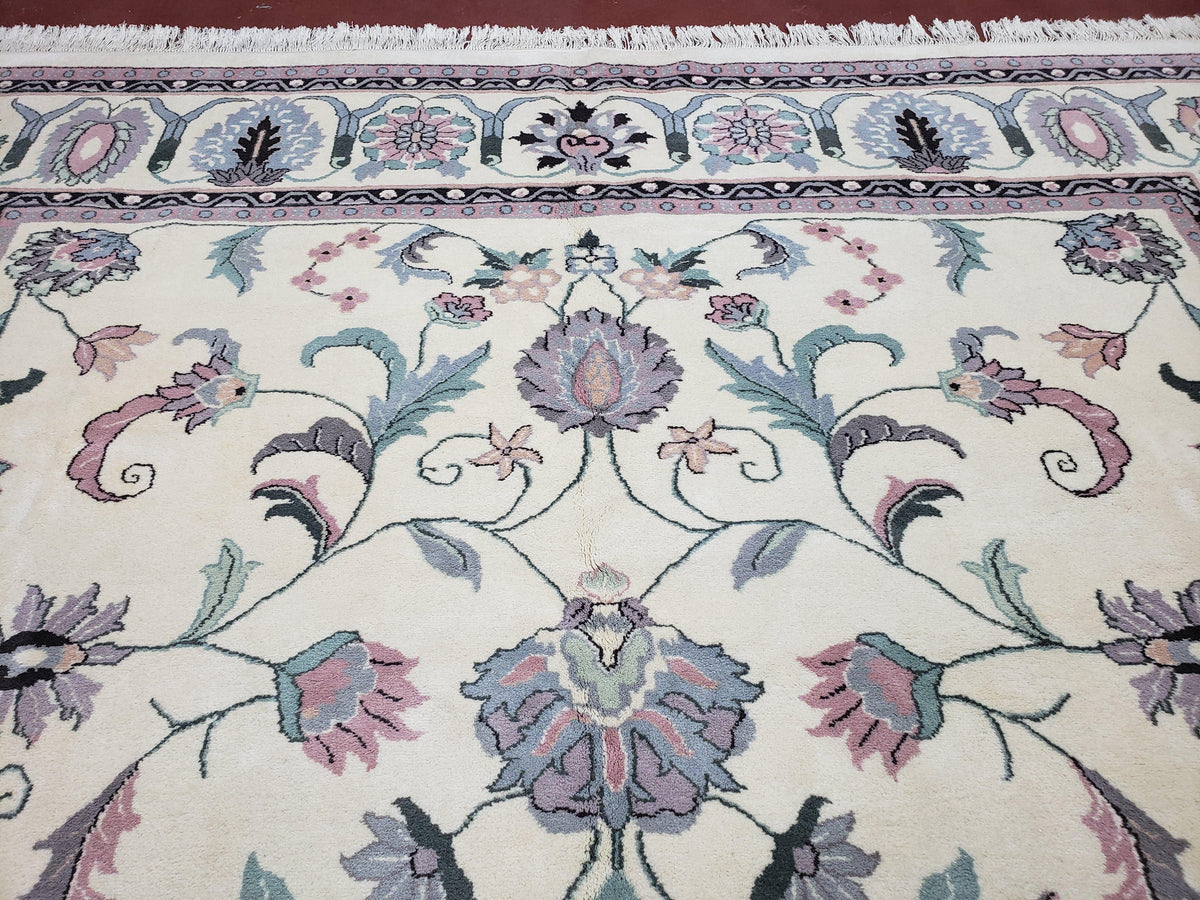 Ivory & Teal Indo Persian Area Rug 9x12, Wool Hand-Knotted Oriental Carpet, 9 x 12 Soft Traditional Living Room Rug, Dining Room Rug - Jewel Rugs, view 3