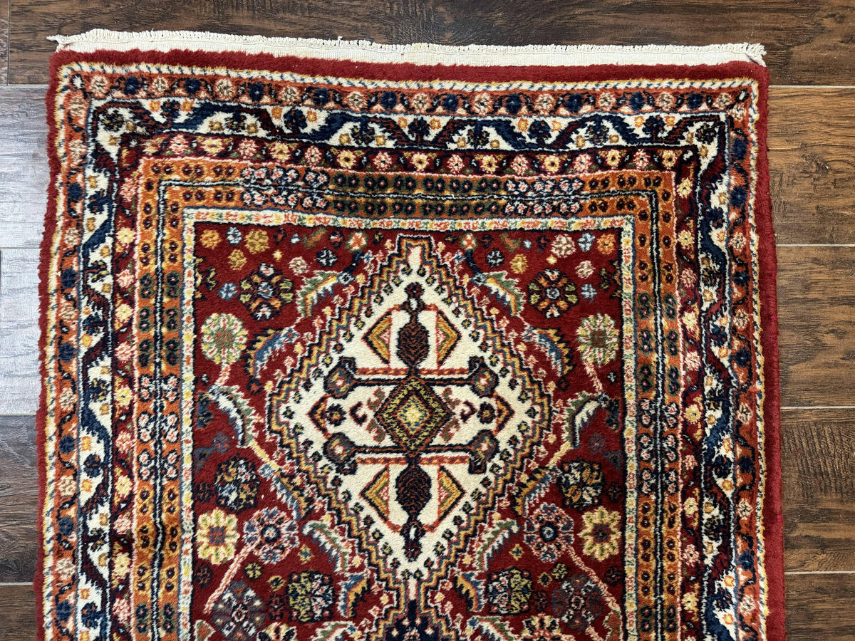 Antique Persian Qashqai Runner Rug 3 x 13 ft, Tribal Runner, Geometric Medallions, Red Ivory Blue, Wool - Jewel Rugs, view 3
