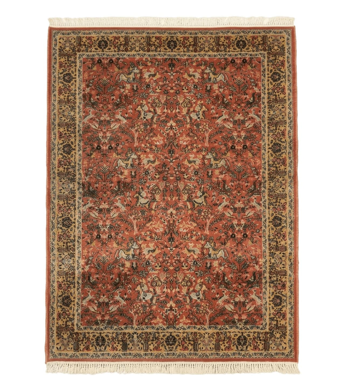 Persian Hunting Design Rug 4.7 x 6.5, Hunting Scene, Red-Orange, Wool, Belgian Power Loomed Carpet - Jewel Rugs