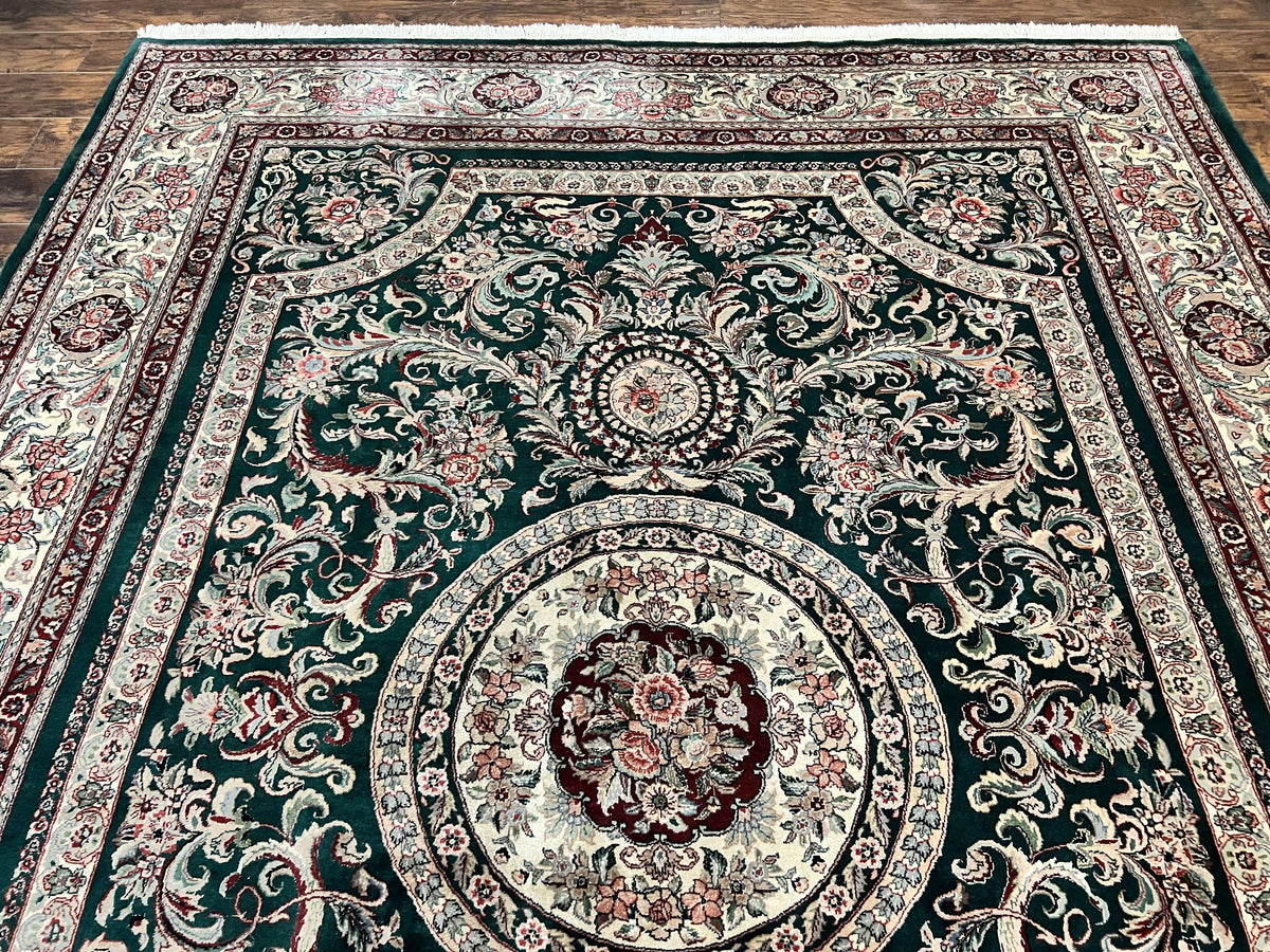 Pak Persian Rug 9x12, Dark Green and Cream, Floral Medallion, Elegant Handmade Wool Carpet 9 x 12 - Jewel Rugs, view 6