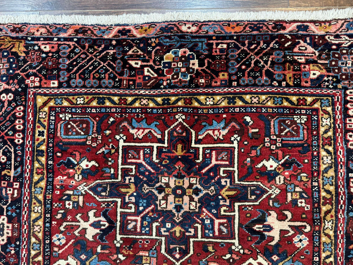 Persian Karajeh Rug 5x6, Antique Heriz Carpet, Geometric, Persian Tribal Rug, Brick Red Navy Blue - Jewel Rugs, view 4