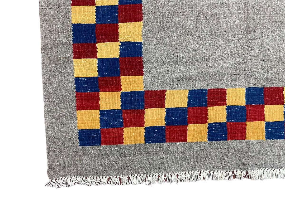 Gray Kilim Carpet, Yellow, Red, Blue Checkerboard Pattern, Flatweave, New, Geometric, Hand-Knotted, Wool, Turkish Area Rug, 5' 9" x 7' 9" - Jewel Rugs, view 9