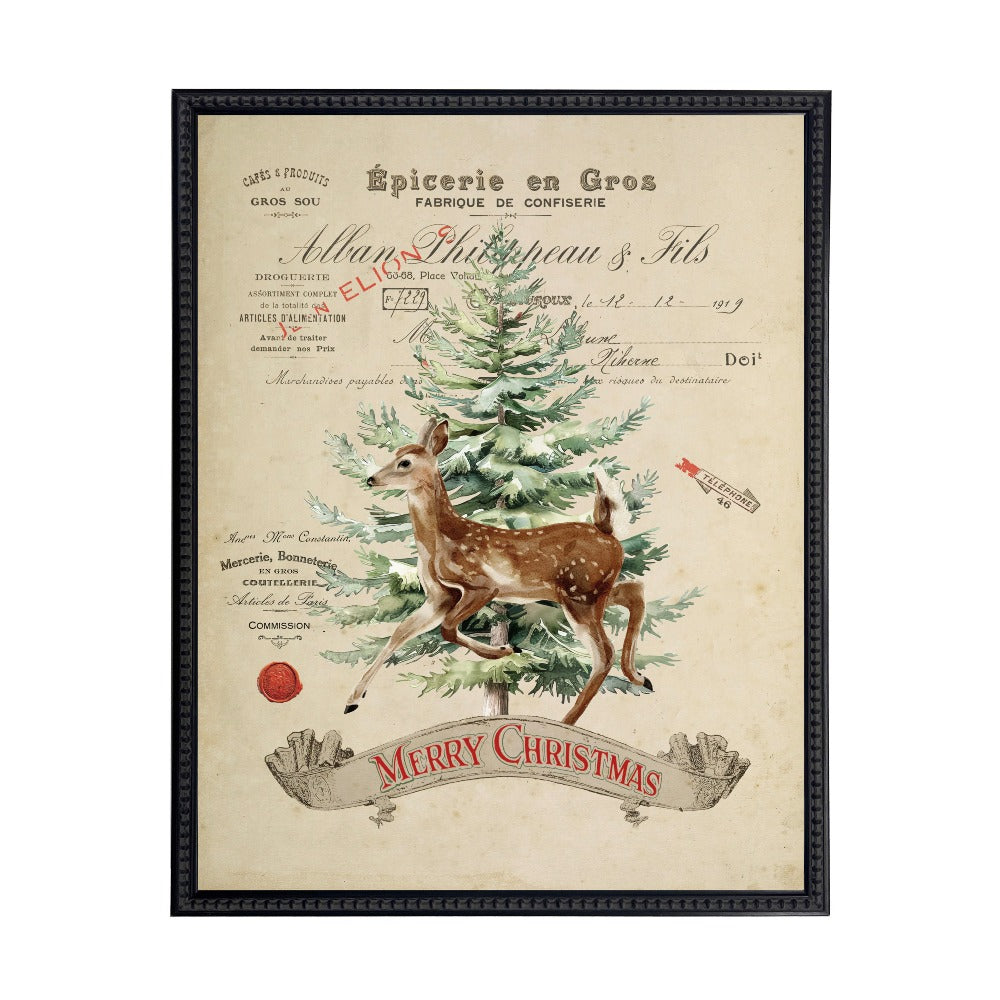 Vintage Painting of Deer and Tree on a distressed bookplate background - Antique Curiosities