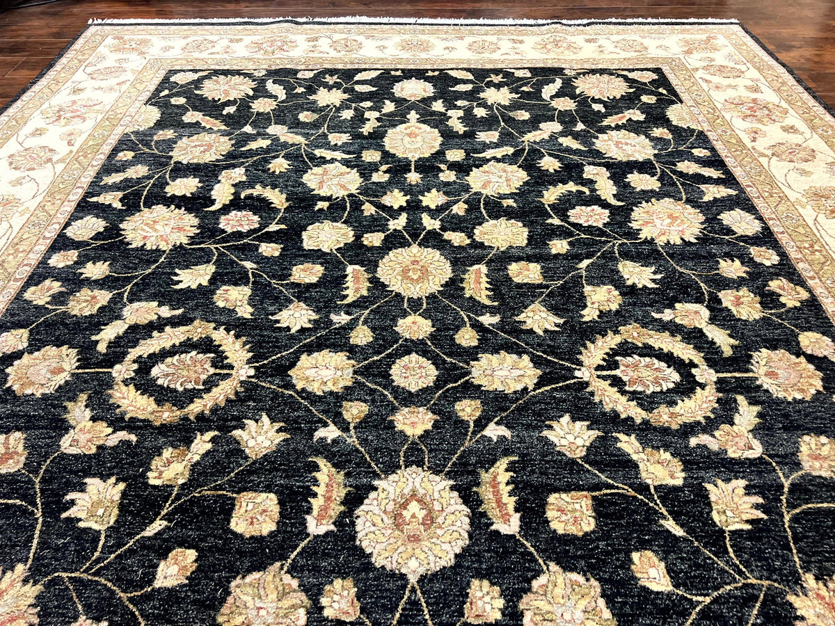 Indo Persian Rug 10x14, Charcoal and Beige, Floral Allover, Handmade Vintage Wool Carpet - Jewel Rugs, view 5