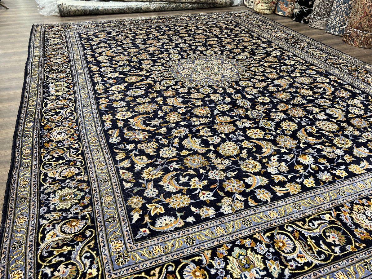 Wonderful Navy Blue Persian Kashan Rug 11x13, Allover Floral Design with Central Medallion, Wool Hand-Knotted Antique Carpet, Signed Rabani Rug - Jewel Rugs, view 2