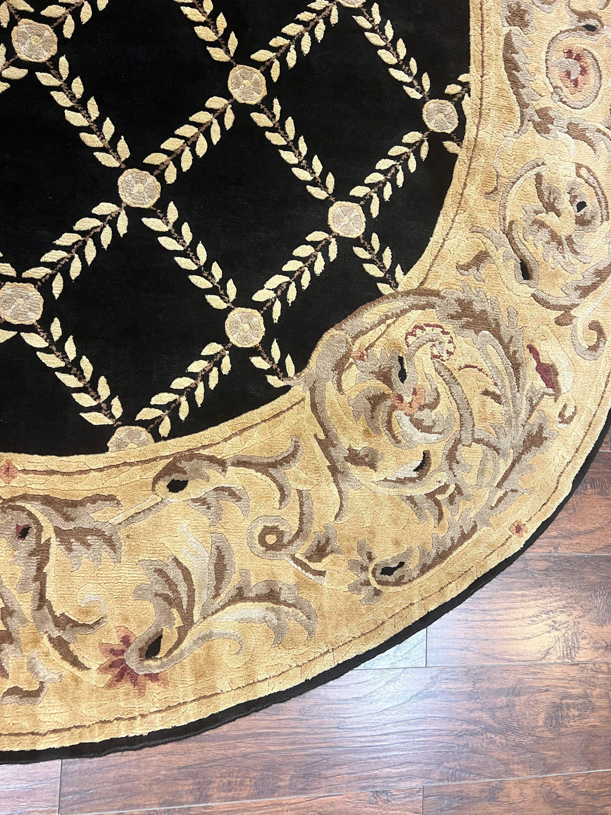 Oval Tibetan Rug 8x10, French Aubusson Design, Wool Handmade Vintage Carpet, Black & Beige, Soft Wool Pile - Jewel Rugs, view 10